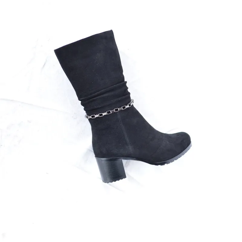 Женские замшевые сапоги до колена теплые меховые ручной работы на каблуке 2018|knee