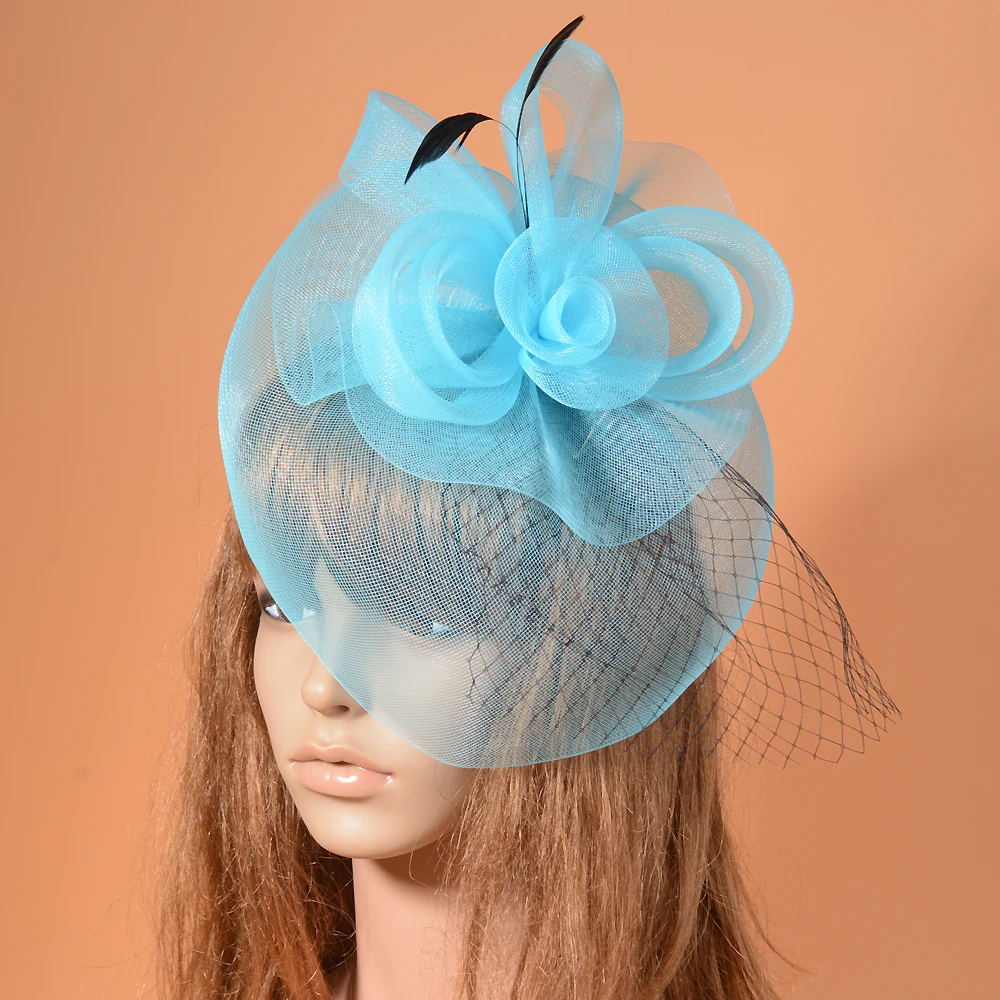 

New Mesh Feather Headpiece For WOmen Blue Green Orange Cocktail Dinner Banquet Ladies Wedding Fascinator Veil Hat Hair Clips