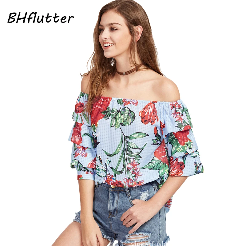 BHflutter С Плеча Блузка Рубашка Женщины Шифон Топы Sexy Slash Шеи Цветочный Принт Летние