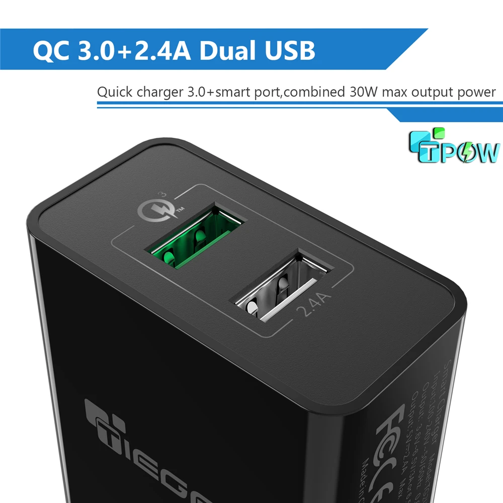 TIEGEM 30 Вт быстро Quick Charge 3,0+ 2.4A Dual USB универсальный мобильный телефон Зарядное устройство Портативный ЕС США Разъем для samsung huawei Xiaomi LG