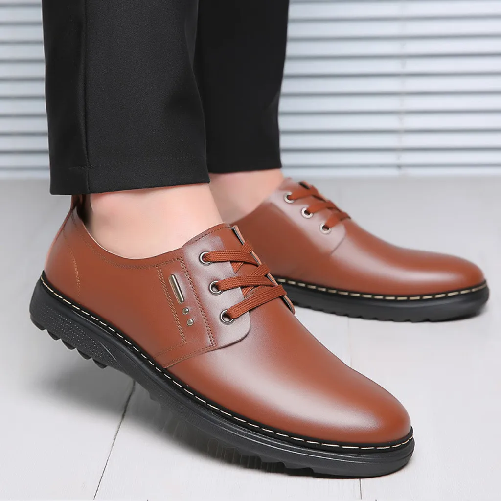 Men shoes leather summer Business Leather Shoes Casual Round Toe Lace-UP Male Suit 2019 New#G4 | Обувь