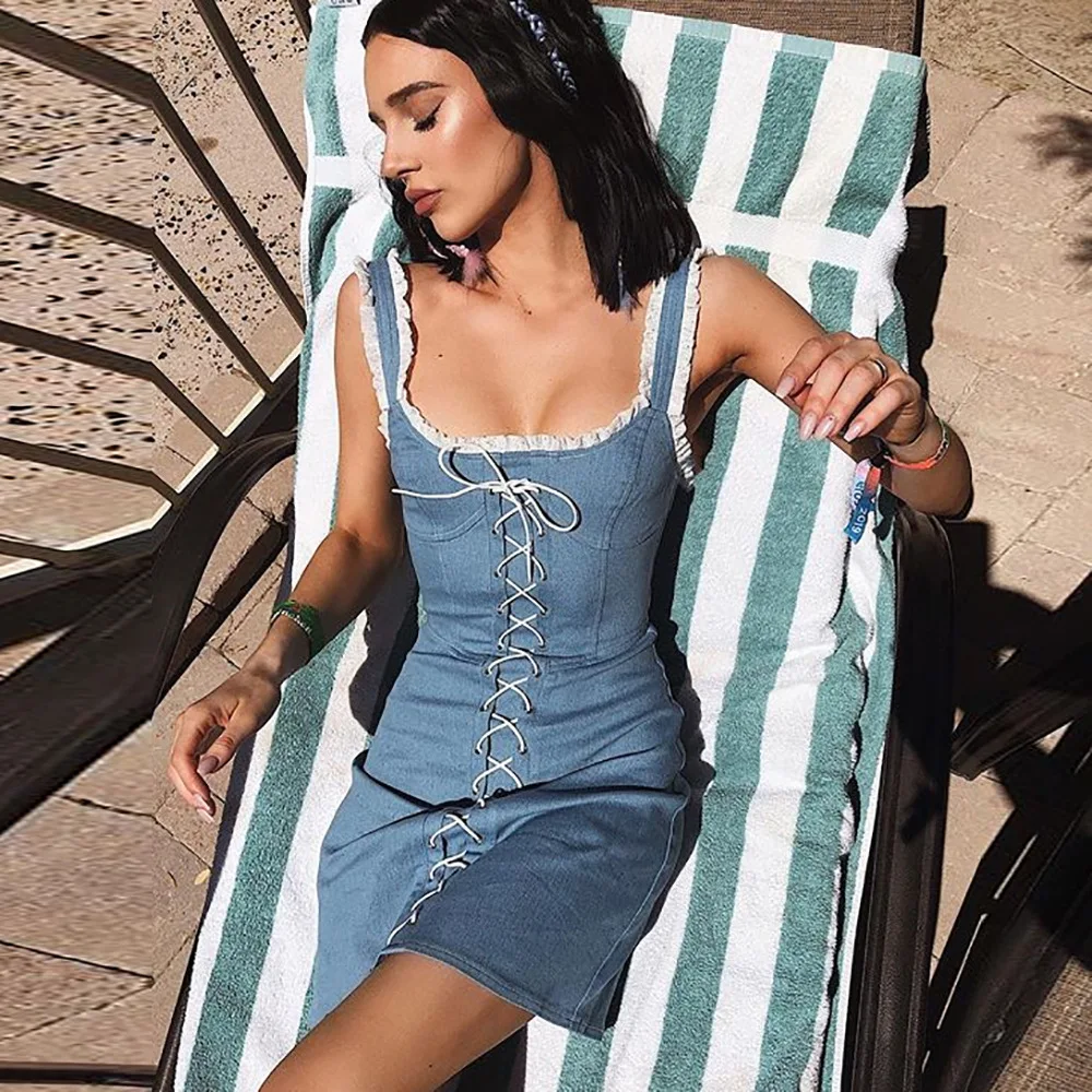 Модное женское джинсовое платье на бретельках 2019 летнее Новое Бандажное с
