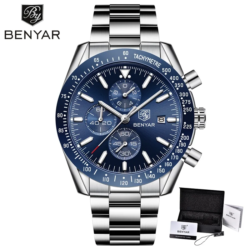 Steel Blue in Box BENYAR, мужские часы, брендовые, Роскошные, силиконовый и стальной ремешок, наручные часы, мужские, кожаный Хронограф, кварцевые, военные часы, Relogio Masculino - Цвет: Steel Blue in Box