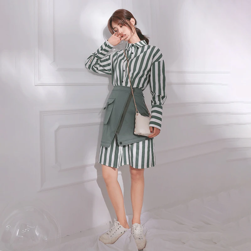 TWOTWINSTYLE Women's Sets Long Sleeve Striped Shirt Dress High Waist Mini Skirt Korean Fashion Two Piece Set Autumn New