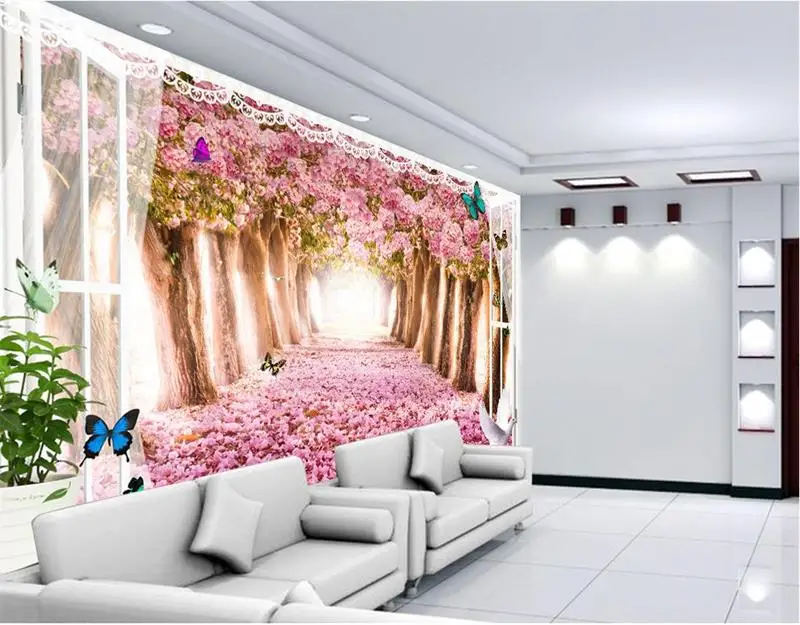 3d комната обои на заказ фото Нетканые Обои фреска цветы Сакура окно HD ТВ диван