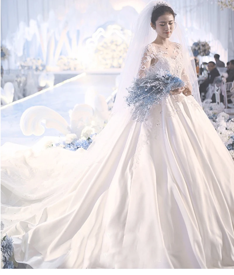Vestidos de novia атласные свадебные платья с длинным рукавом свадебные платья белого размера плюс винтажное мусульманское свадебное платье принцессы