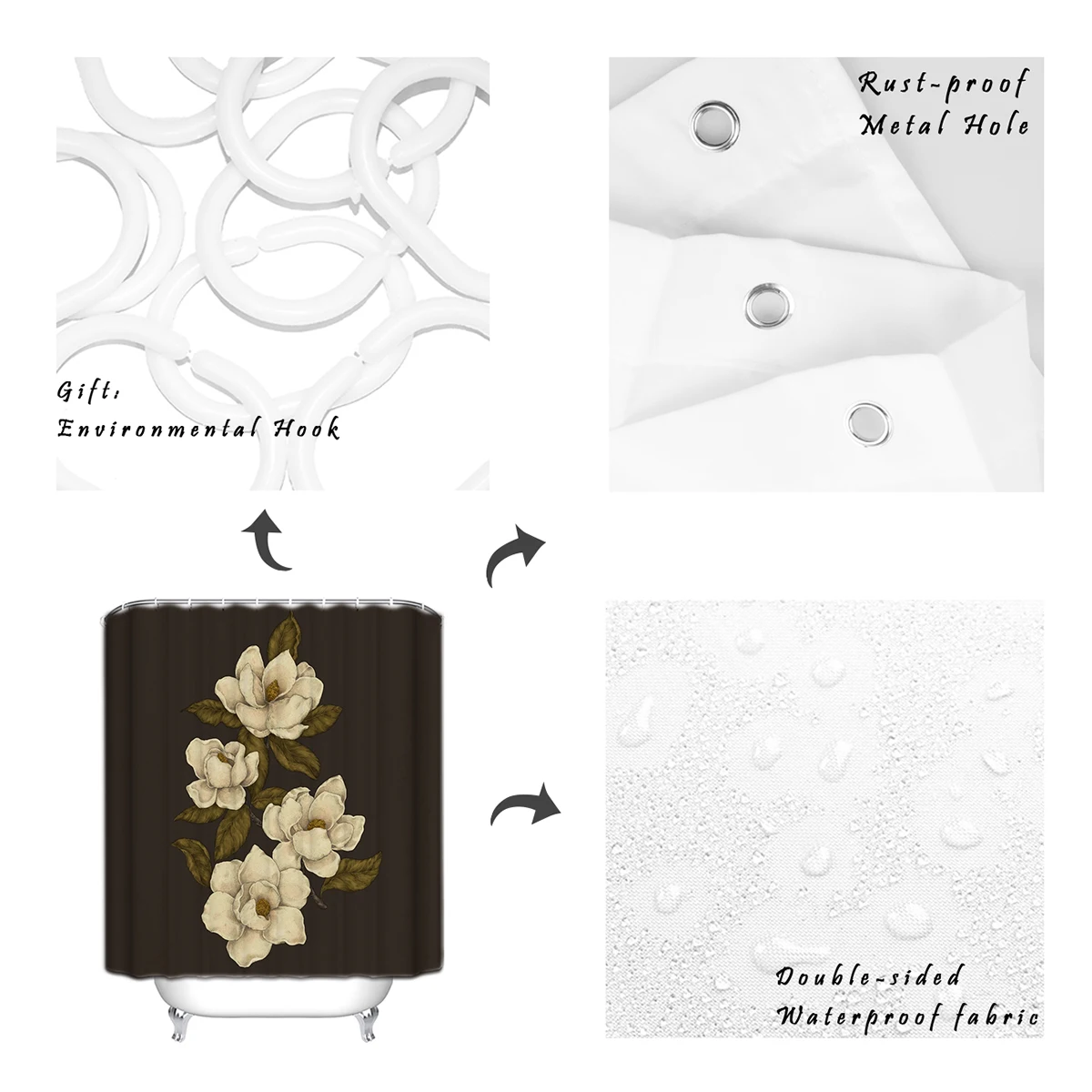 

BIGHOUSES Shower Curtain Magnolias Fabric Shower Curtain with 12 Hooks