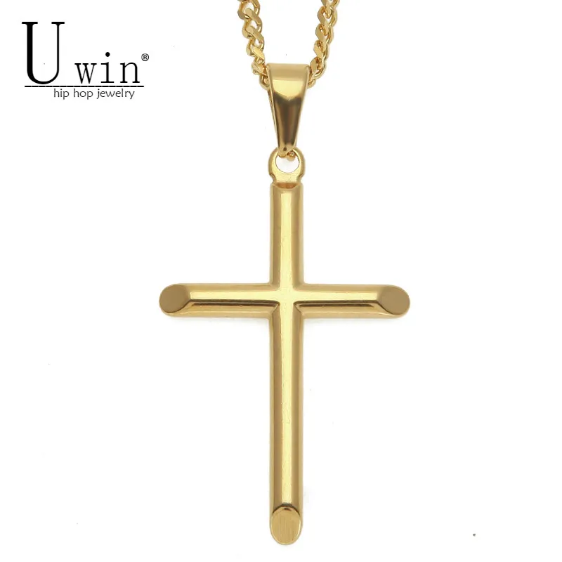 Ожерелье с крестом UWIN золотого цвета из нержавеющей стали, шарм для мужчин и женщин, хип-хоп пендант на кубинской цепочке, модные панк украшения, подарок.