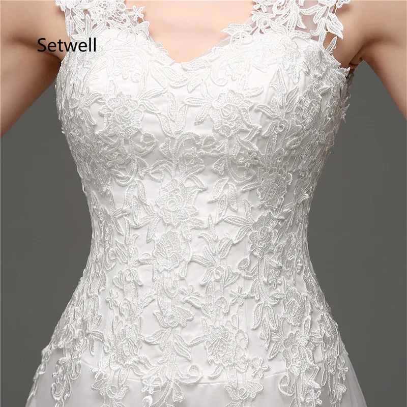 

Setwell Sexy V-Neck Illusion Back Mermaid Wedding Dresses Sweep Train Appliqued Lace Cheap Wedding Dress 2017