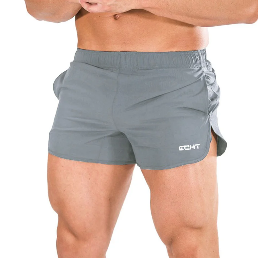 Gray (Front logo) Мужские брендовые шорты для фитнеса, спортивные шорты для бодибилдинга и тренировок,, мужские узкие укороченные штаны для бега, летние повседневные тонкие пляжные шорты - Цвет: Gray (Front logo)