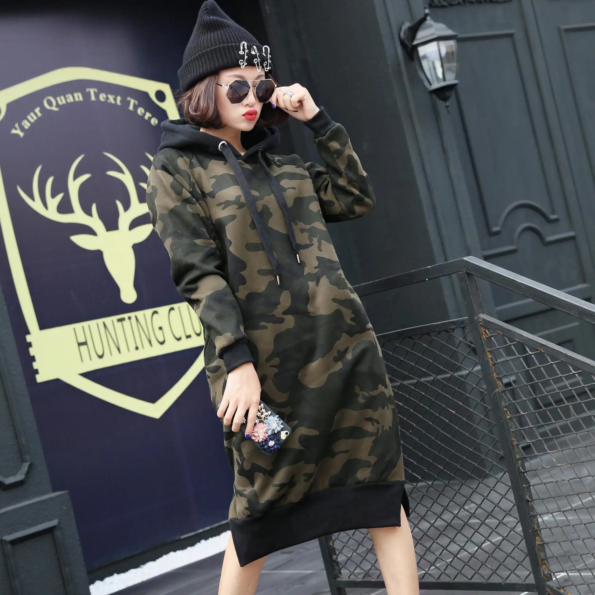 Green camouflage Vefadisa2018 осенне-зимний женский Камуфляжный пуловер, толстовка с капюшоном и длинным рукавом, Женская толстовка QFM029 - Цвет: Green camouflage