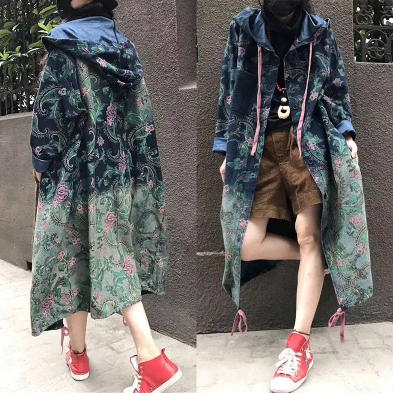 New Harajuku Denim Trench Coat For Women Oversizes Jeans Outerwear Long Sleeve Single-breasted Retro Print Streetwear f924