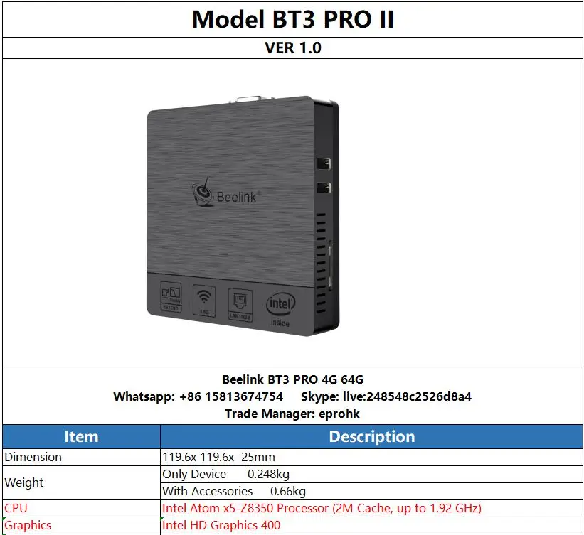 BT3 Pro II ТВ приставка 4 Гб 64 Гб Intel Atom X5-Z8350 Intel HD graphics 400 Beelink BT3 Pro мини-ПК Win 10 BT 4,0 1000 Мбит/с медиаплеер