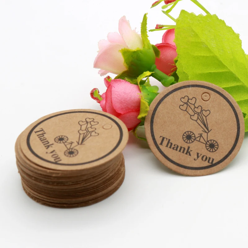

Free Shipping 100pcs 3.5cm Kraft/White Round Shape Labels Paper Hang Price Tags with Tahnk you Bike Ballon Price Packaging Cards