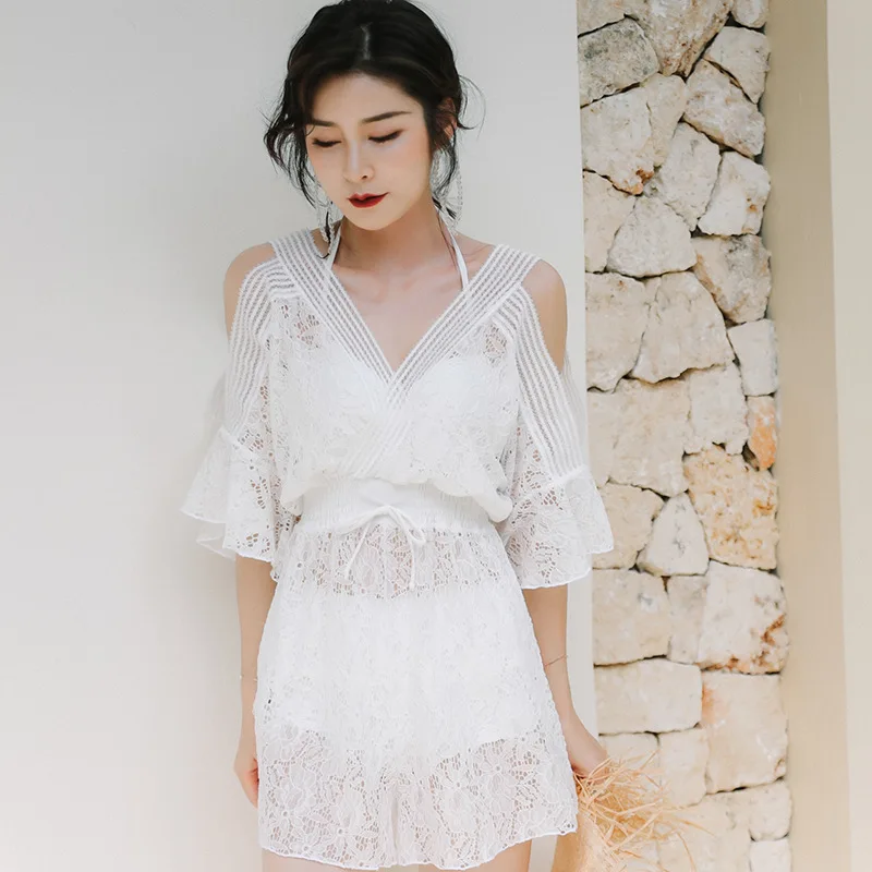 2021 женский белый комплект бикини с накидкой сексуальный купальный костюм летний