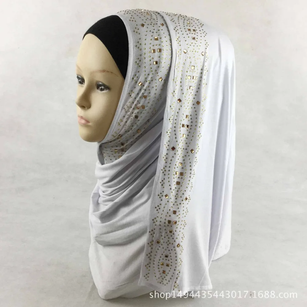 

15 Colors Shiny Gold Rhinestones Bubble Cotton Hijab Scarf Muslim Islamic Head Wrap Cover Solid Scarf