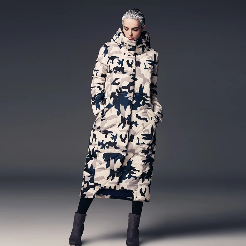 Куртка женская длинная камуфляжная с капюшоном батальных размеров | Женская