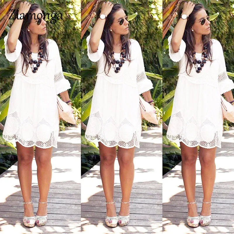 Женское кружевное платье Ziamonga белое Повседневное из хлопка с цветочным принтом