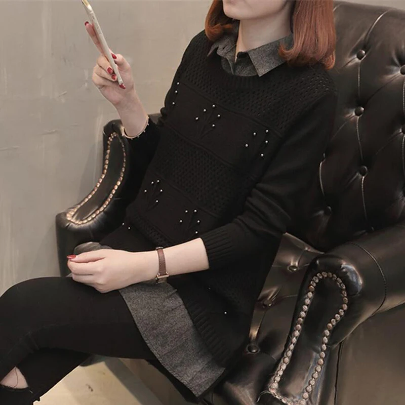 2018 Autumn New Loose Women Pullover Sweater Long Section Fake Two Shirt Collar Knitwear Jacket LY1108 | Женская одежда