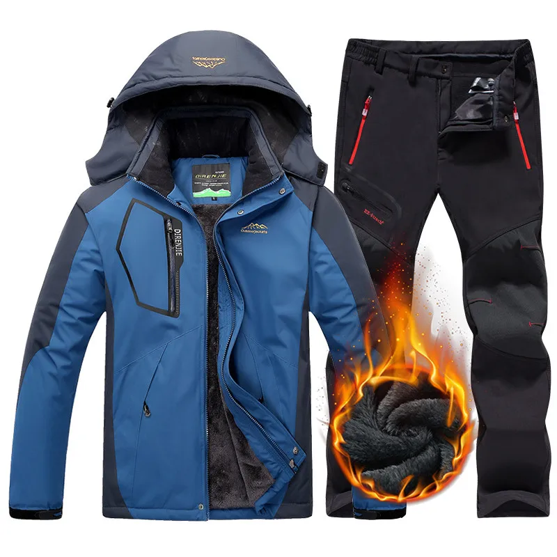 Denim blue Мужская зимняя водонепроницаемая куртка, брюки для походов, Походов, Кемпинга, лыж, сноуборда, куртки, уличные термо флисовые лыжные костюмы для мужчин - Цвет: Denim blue
