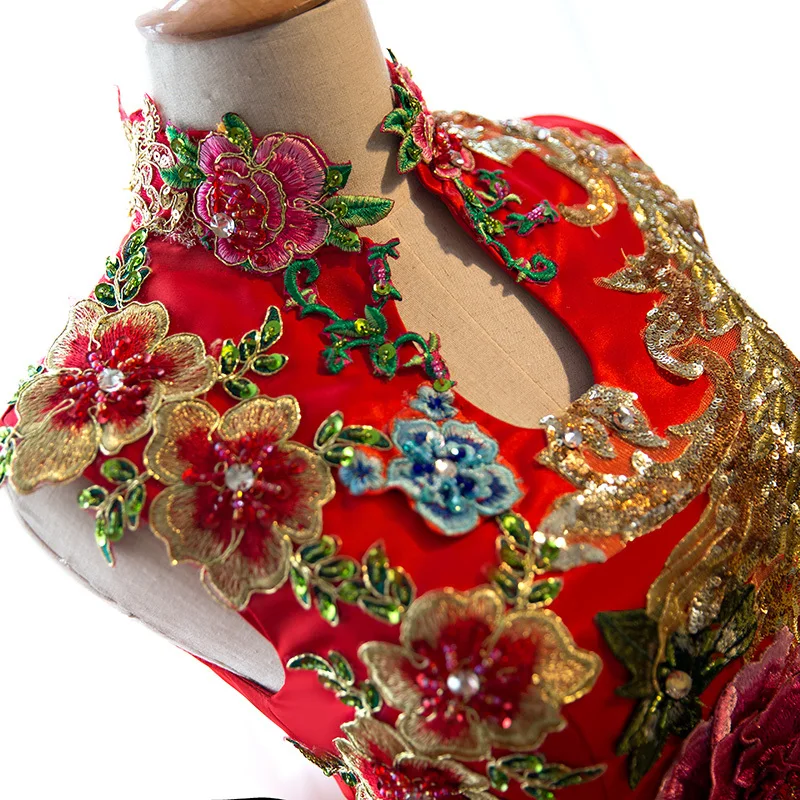 Красное свадебное платье Qipao для невесты длинное вечернее женское с вышивкой