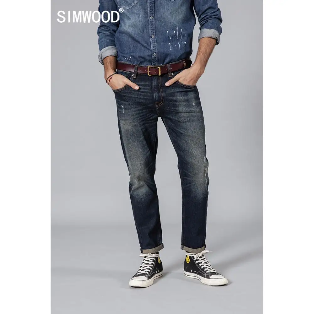 Демисезонные мужские джинсы SIMWOOD рваные джинсовые брюки 2019 облегающие штаны из