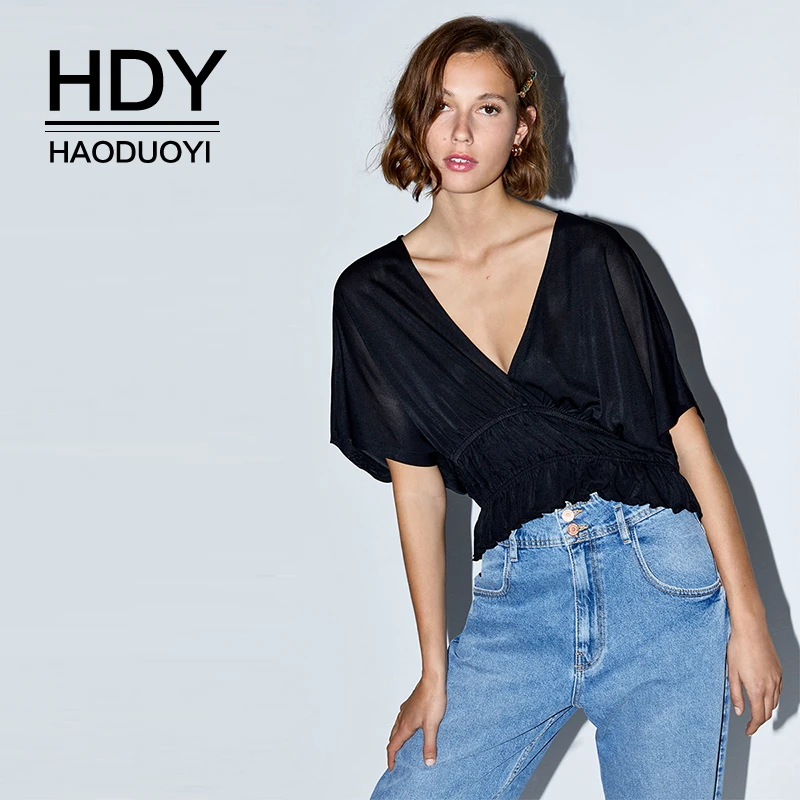 HDY Haoduoyi 2019 Модная летняя однотонная блуза с глубоким v образным вырезом и