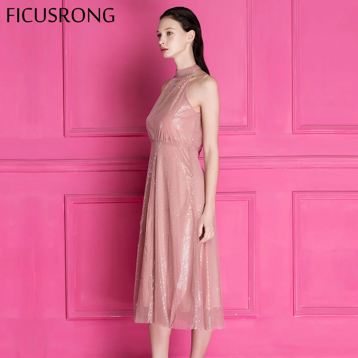 FICUSRONG 2019 новый элегантный блесток длинное платье для женщин Винтаж с открытыми