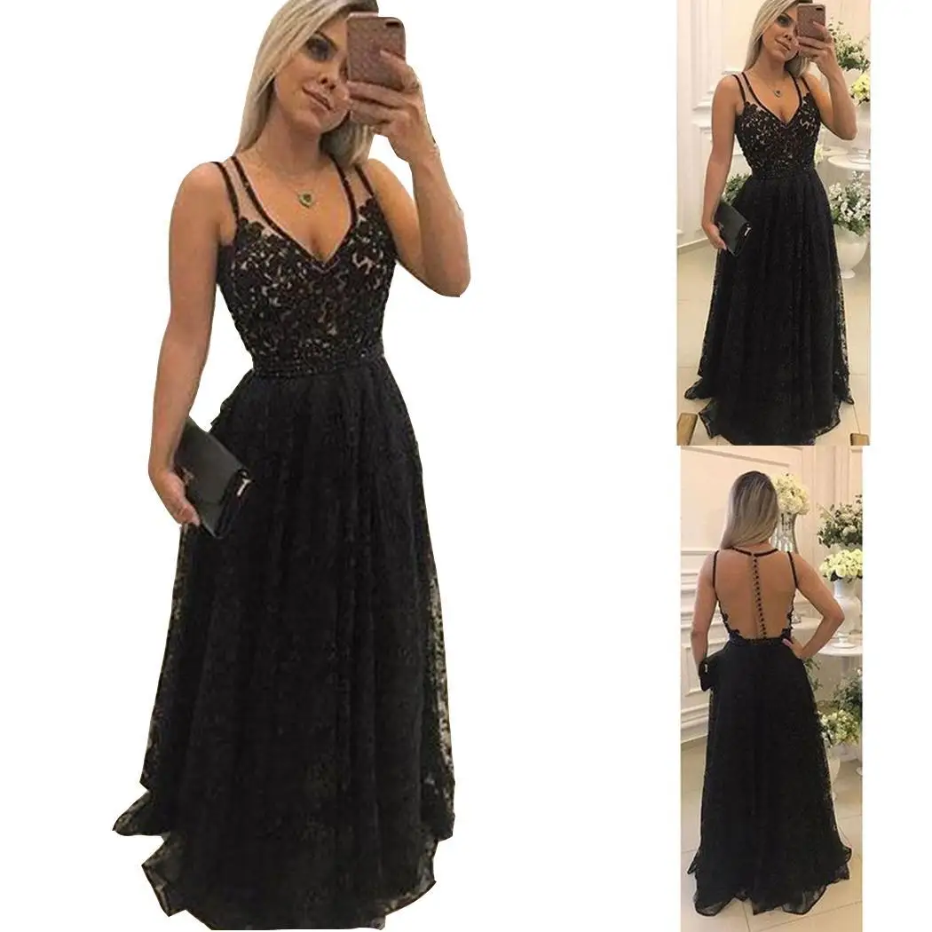 Женское Новое модное кружевное длинное платье без рукавов с глубоким v-образным