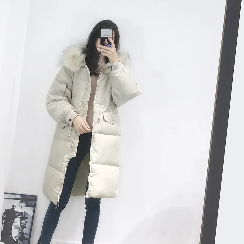 Женский пуховик с большим меховым воротником зимний нового размера плюс длинный