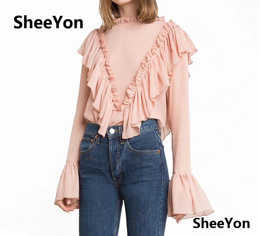 Shirts Flare long Sleeves 2017 Spring Autumn new Chiffon Ruffles shirt female loose sweet Blouses Ladies SY15SXF80 |