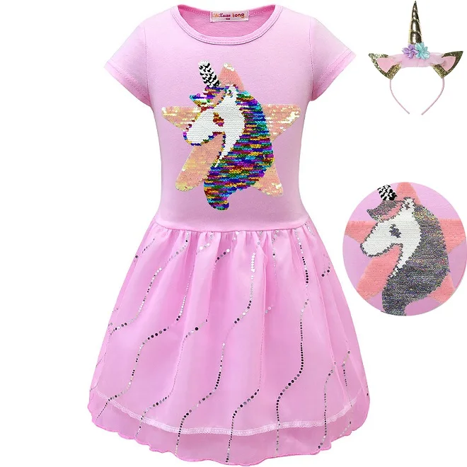 pink headband Платье с блестками, звездами и единорогом; детское кружевное платье-пачка для девочек; Двусторонняя одежда для маленьких принцесс - Цвет: pink headband