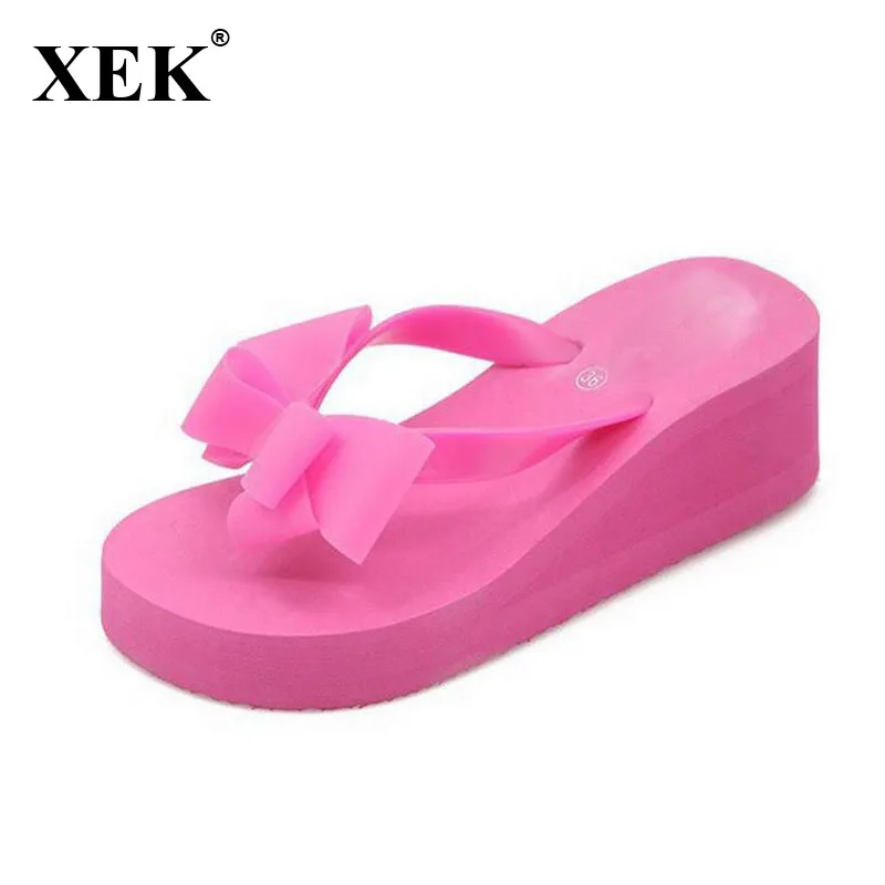 XEK New Fashion Summer Women Platform High Heel Flip Flops Beach Sandals Bowknot Slippers Women Shoes Size36-40 For Choice WFQ61