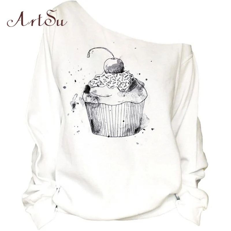 009cake ArtSu, черный, с цветочным принтом, на одно плечо, Толстовка для женщин, сексуальная, с длинным рукавом, повседневная, свободная, Осень-зима, толстовки, белые, ASHO20033 - Цвет: 009cake