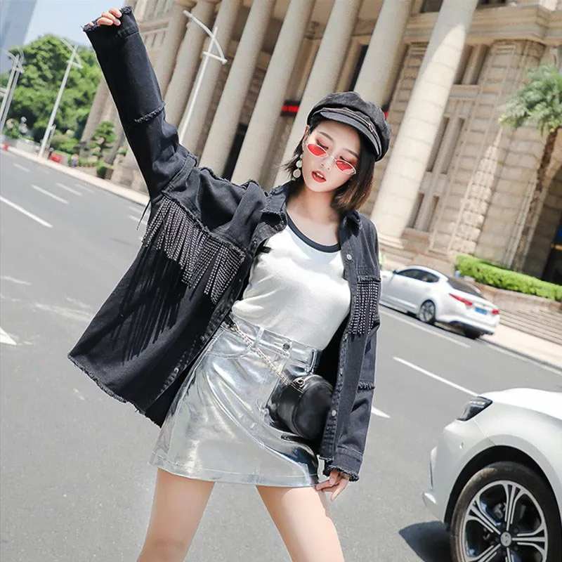 Женская свободная джинсовая куртка Onesize черные высокие дизайнерские потертые