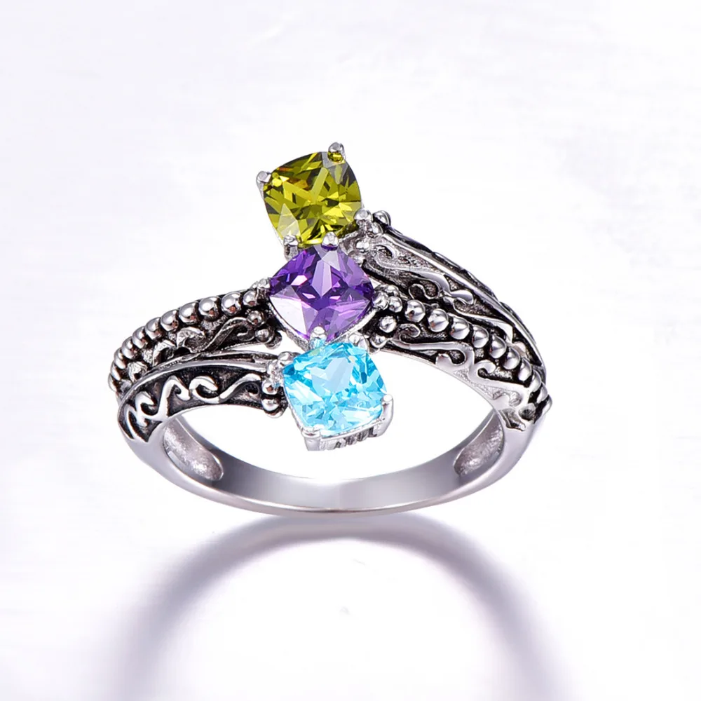 Хит продаж Jrose 5*5 мм подушка с 3 камнями Swis Blue CZ & Morganite твердое 100% Серебро 925 пробы