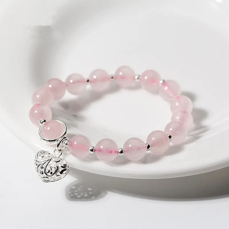 Real. 925 Sterling Silver Natural Pink strawberry quartz &amp Love Heart lucky beads charms Bracelet FLORAL GTLS770 | Украшения и
