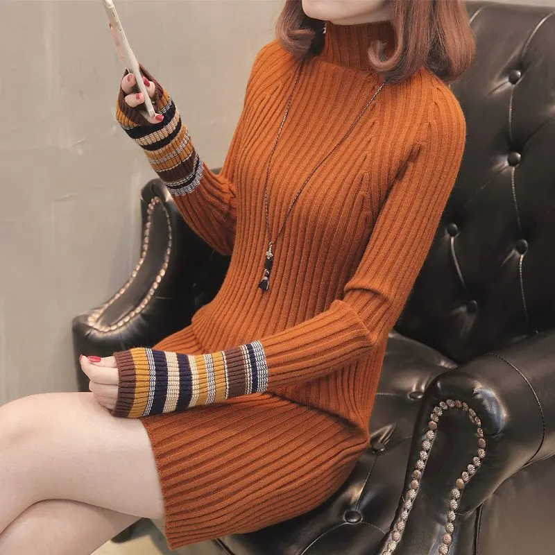 2019 New Autumn Winter Warm Sweater Dress Women Slim Bodycon Female Half high collar Long Sleeve Knitted Vestidos | Женская одежда