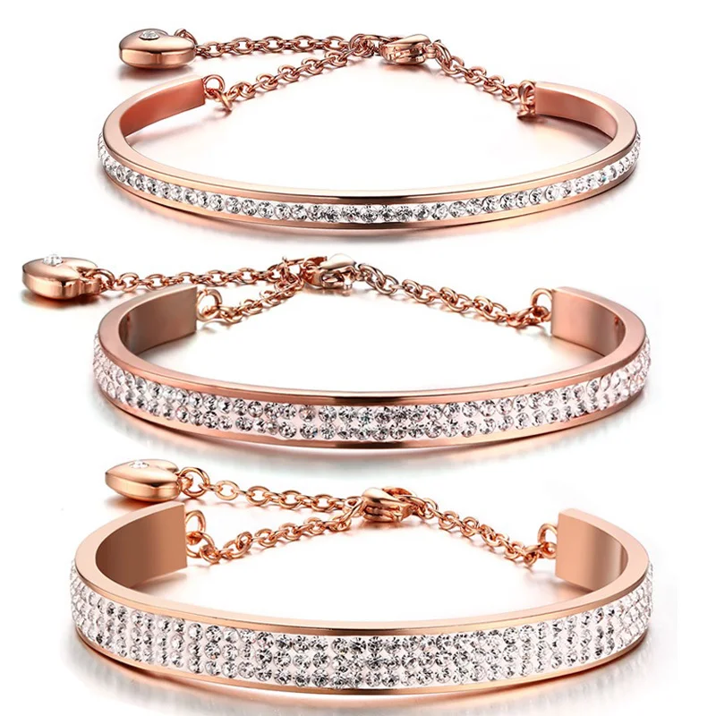 Vnox Elegant Rose Gold Color Crystal Rows Cuff Bangle for Women Charm Bracelet Stainless Steel Adjustable Wedding Party Jewelry | Украшения