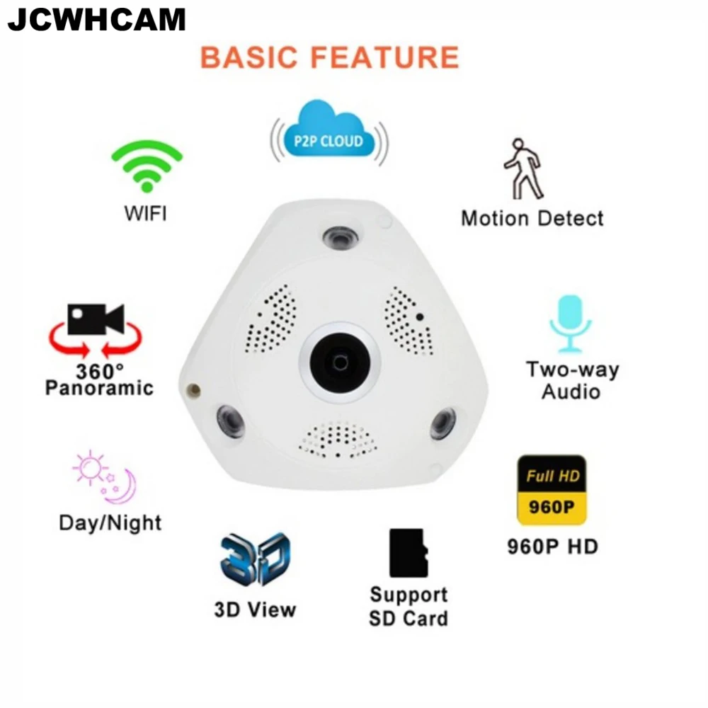 JCWHCAM 360 панорамная камера 960P VR IP WiFi объектив рыбий глаз МП 3D безопасности