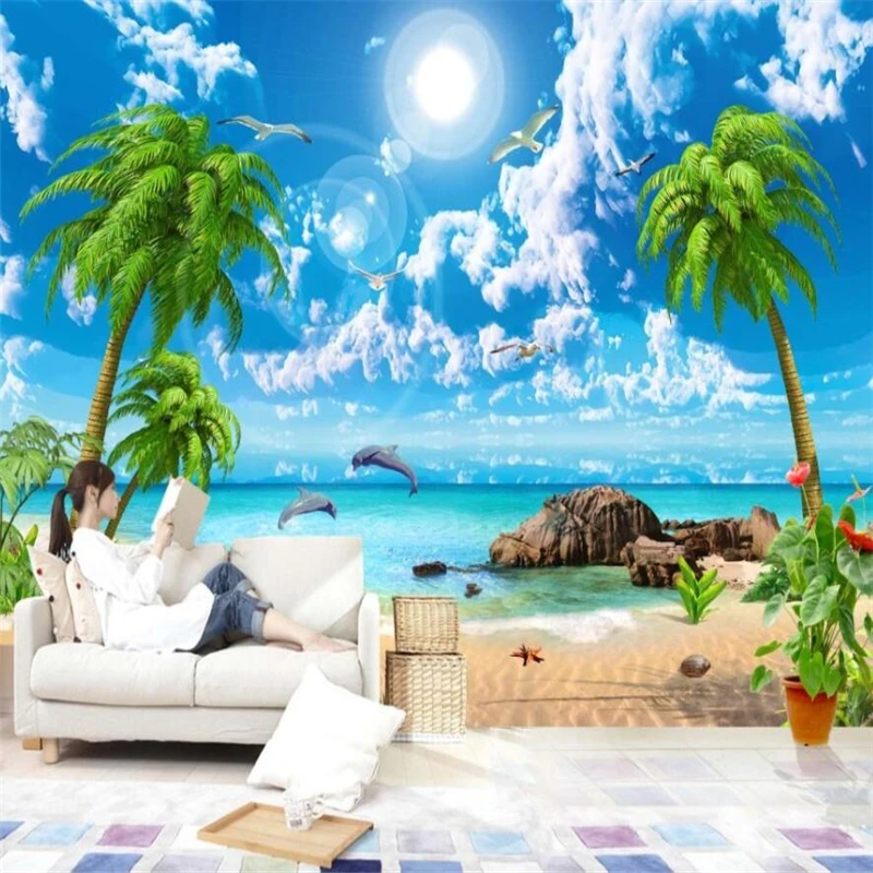 wellyu HD beautiful fantasy seascape coconut beach landscape TV background wall custom large mural green silk cloth wallpaper |