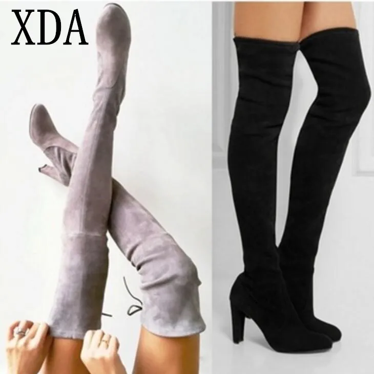 XDA/2019 г. модные женские сапоги зимние до бедра ботфорты из искусственной замши на