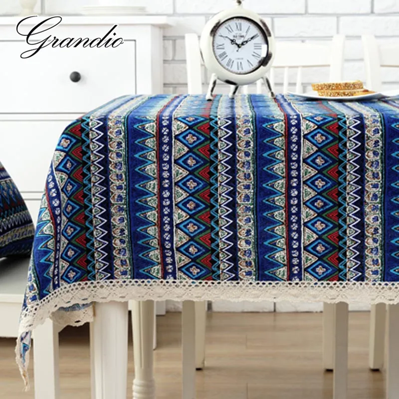 Бохимианская льняная скатерть ткань с хлопком и кружевной отделкой 2 цвета