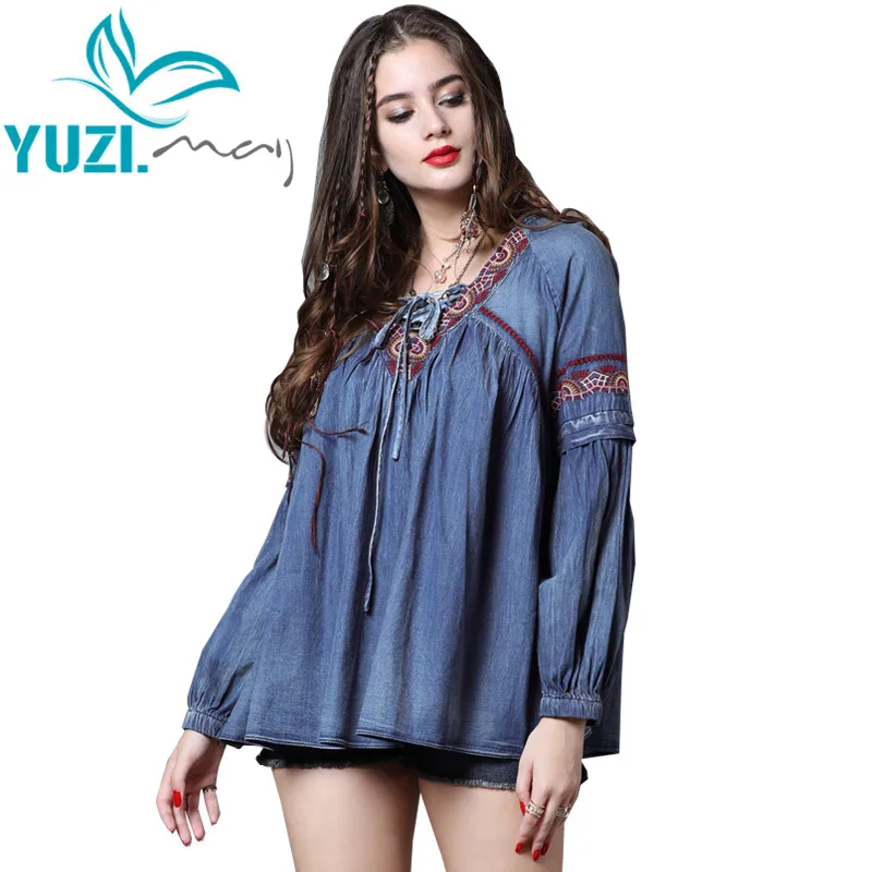 Женская рубашка 2018 Yuzi.may Boho новая джинсовая женская блузка с V образным вырезом и