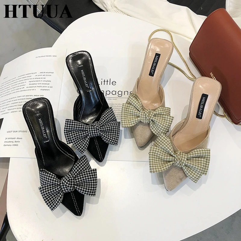 HTUUA/2019 г. модные клетчатые тапочки с бантом женские сабо пикантные слипоны острым