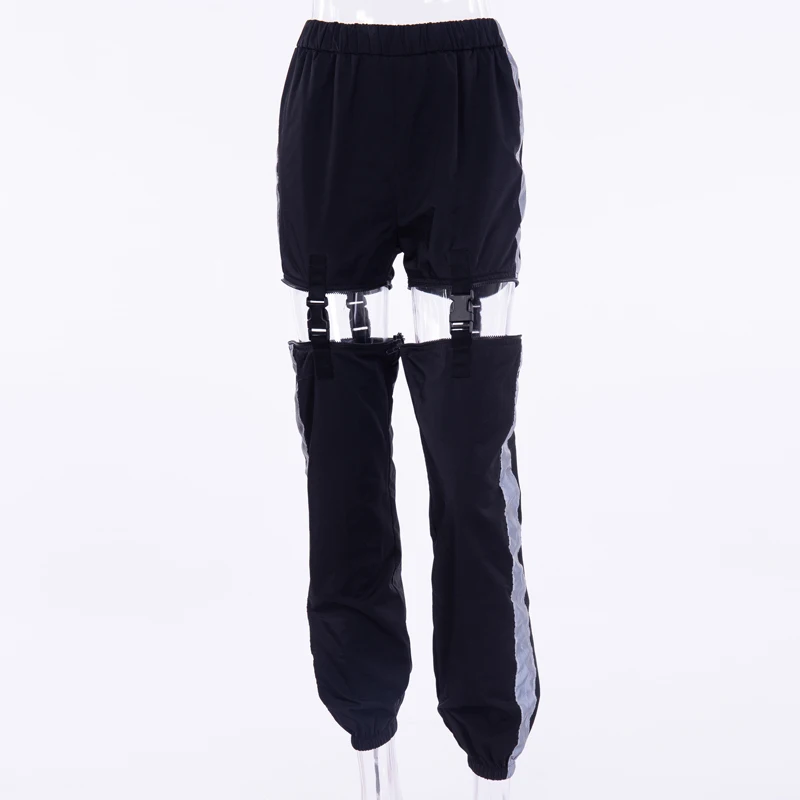 InstaHot женские Jogger штаны с пряжкой с полоской сбоку карго брюки для бега женские брюки с отверстиями свободные с эластичной талией отражающие легкие крутые уличные брюки повседневные