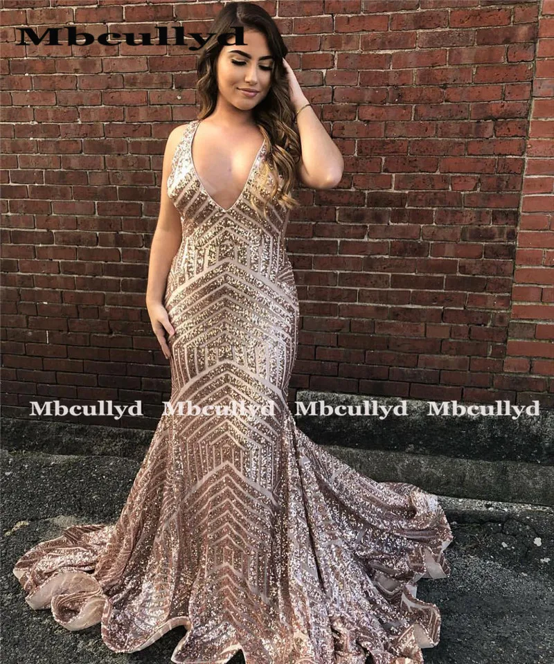 Mbcully Gold Sequins Mermaid Prom Dresses 2020 Sexy V-neck African Black Girls Graduation Party Gowns Long robe de soiree | Свадьбы и
