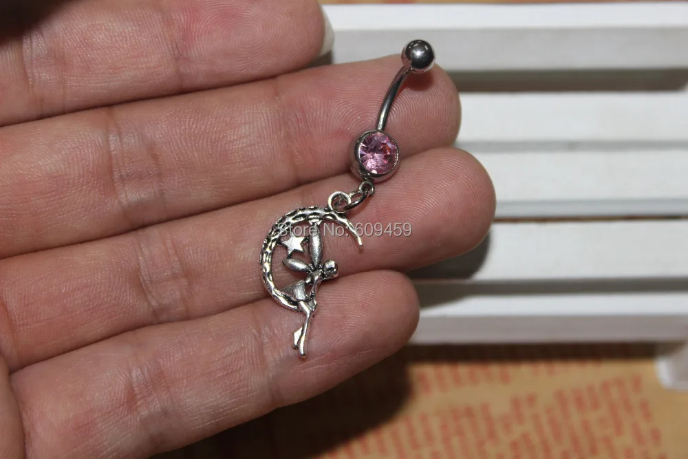 Silver Moon Angel Charm Belly Button Ring Crystal |