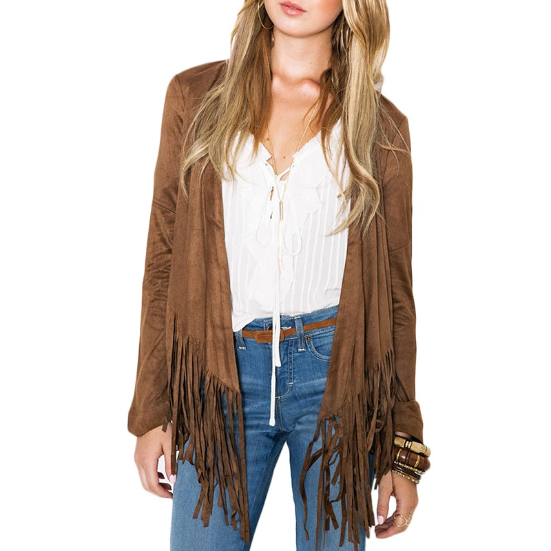 Коричневый Everkaki Boho замшевое пальто с кисточками из искусственного меха, Женский богемный Кардиган с длинным рукавом, куртка, пальто, верхняя одежда для женщин, Осень-зима - Цвет: Коричневый