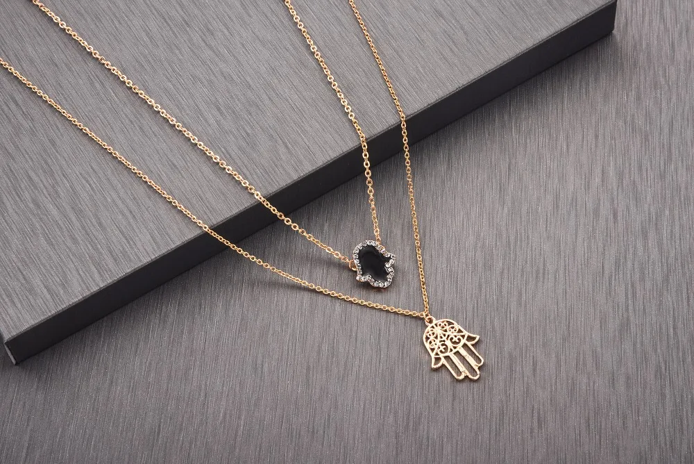 Ожерелье QIMING Hamsa женское многослойное колье с черным хрусталем отверстиями